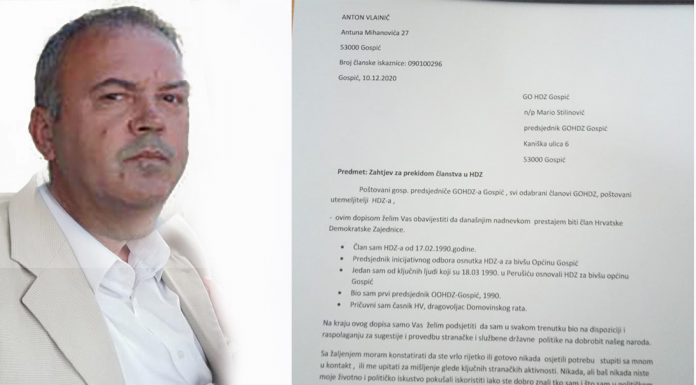 Doajen, utemeljitelj, prvi predsjednik HDZ-a Gospić, Ante Vlainić izašao iz HDZ-a